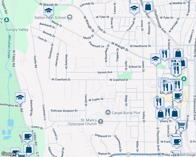 map of restaurants, bars, coffee shops, grocery stores, and more near 912 West Crawford Street in Dalton