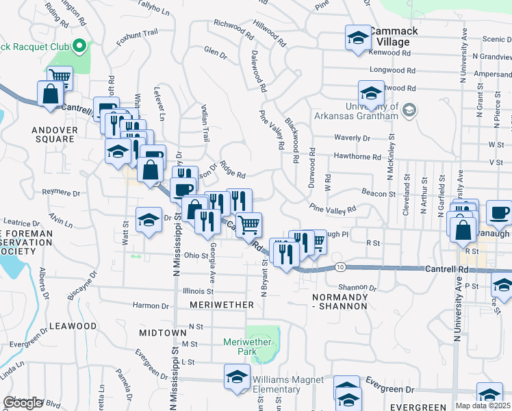 map of restaurants, bars, coffee shops, grocery stores, and more near 301 Kings Row Drive in Little Rock