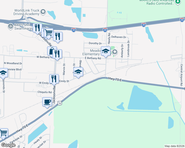 map of restaurants, bars, coffee shops, grocery stores, and more near 305 Meadow Park Drive in North Little Rock