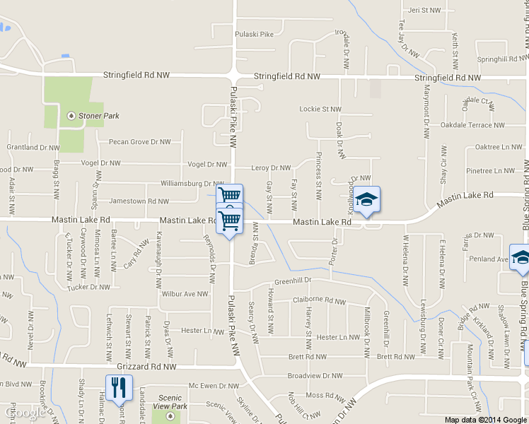 map of restaurants, bars, coffee shops, grocery stores, and more near 3501 Gay St NW in Huntsville