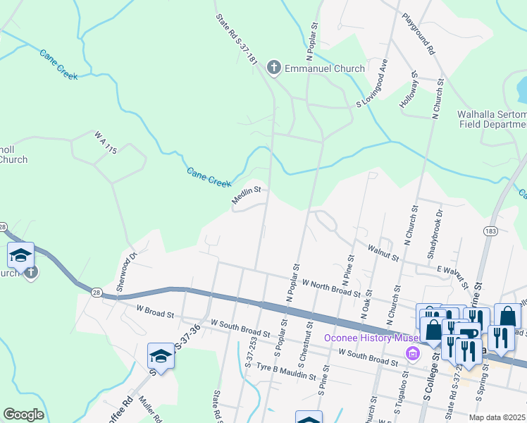map of restaurants, bars, coffee shops, grocery stores, and more near 107 Walhalla Gardens Circle in Walhalla