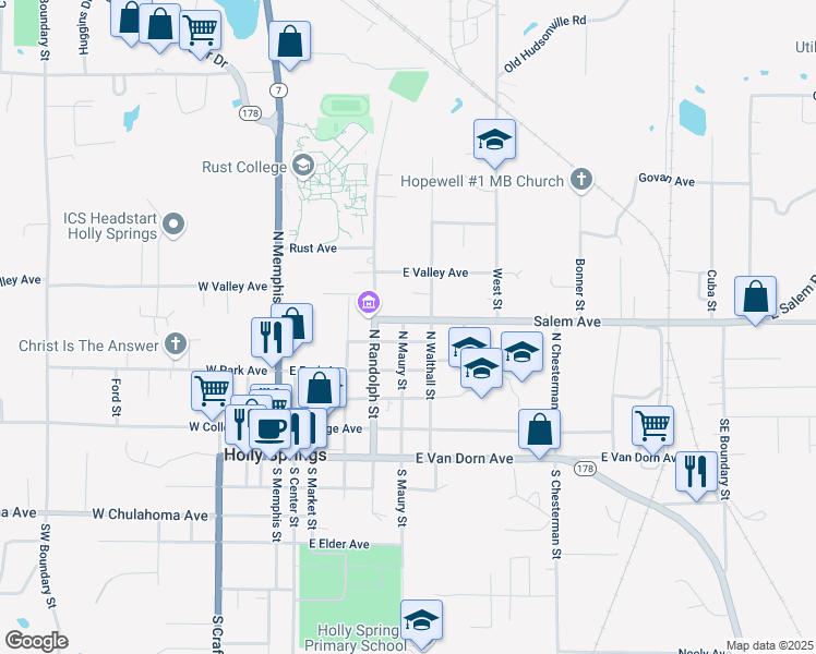 map of restaurants, bars, coffee shops, grocery stores, and more near 225 North Maury Street in Holly Springs