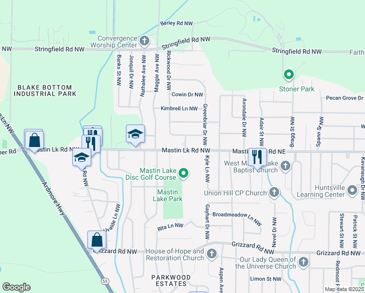 map of restaurants, bars, coffee shops, grocery stores, and more near 3501 Lucretia Avenue Northwest in Huntsville
