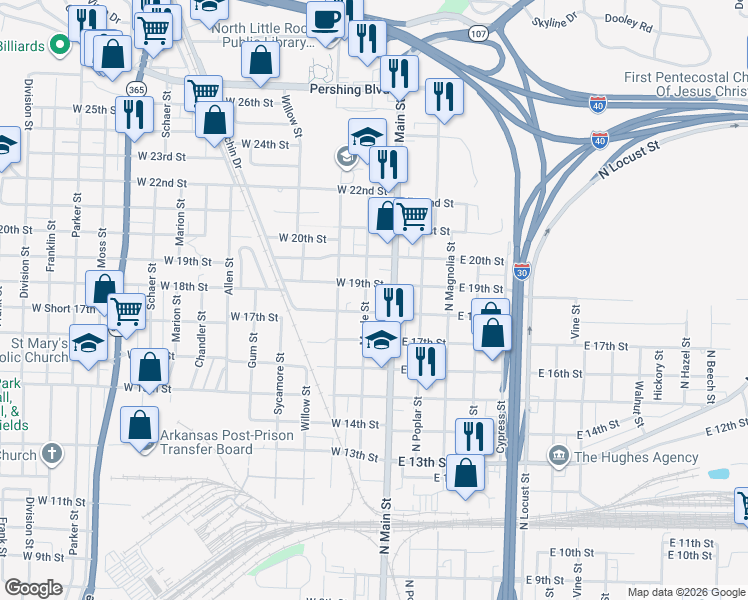 map of restaurants, bars, coffee shops, grocery stores, and more near 1800 Maple Street in North Little Rock
