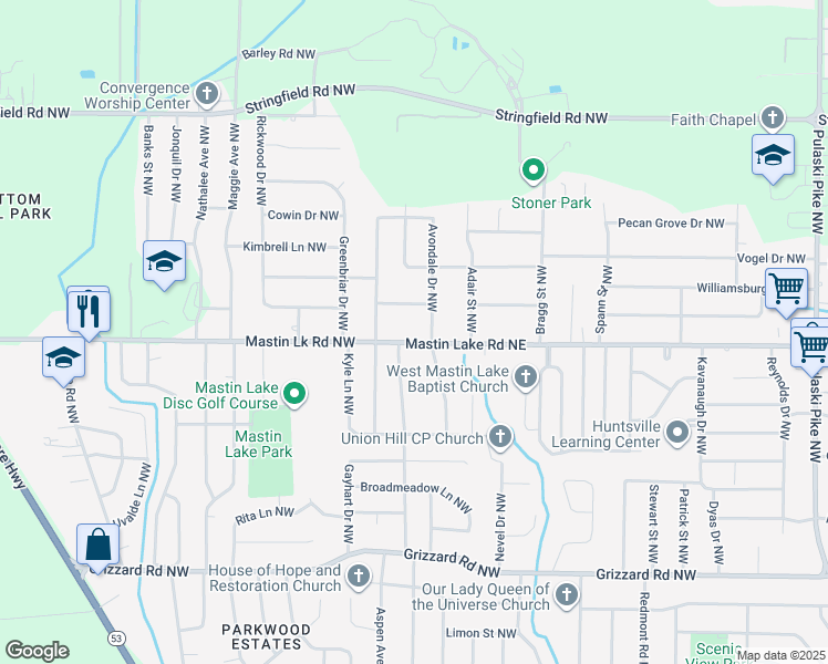 map of restaurants, bars, coffee shops, grocery stores, and more near 4902 Mastin Lake Road in Huntsville