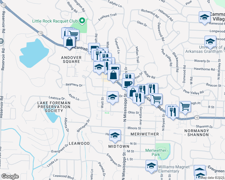 map of restaurants, bars, coffee shops, grocery stores, and more near 7711 S Street in Little Rock
