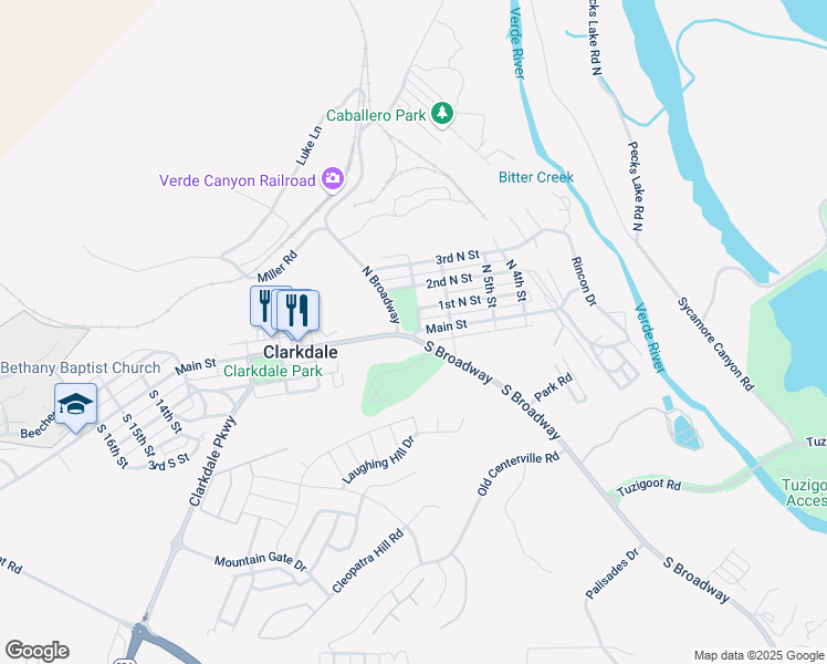 map of restaurants, bars, coffee shops, grocery stores, and more near 523 Main Street in Clarkdale