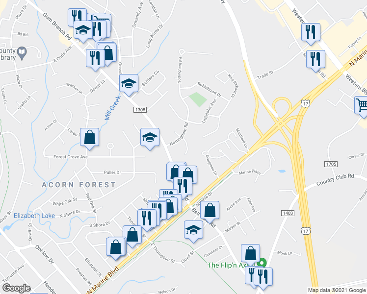 map of restaurants, bars, coffee shops, grocery stores, and more near 110 Marion Court in Jacksonville