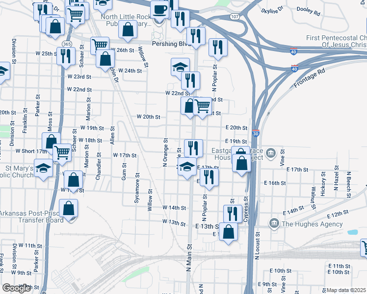 map of restaurants, bars, coffee shops, grocery stores, and more near 1800 Maple Street in North Little Rock