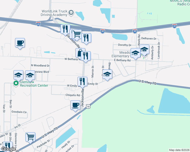 map of restaurants, bars, coffee shops, grocery stores, and more near 110 Marvin Street in North Little Rock