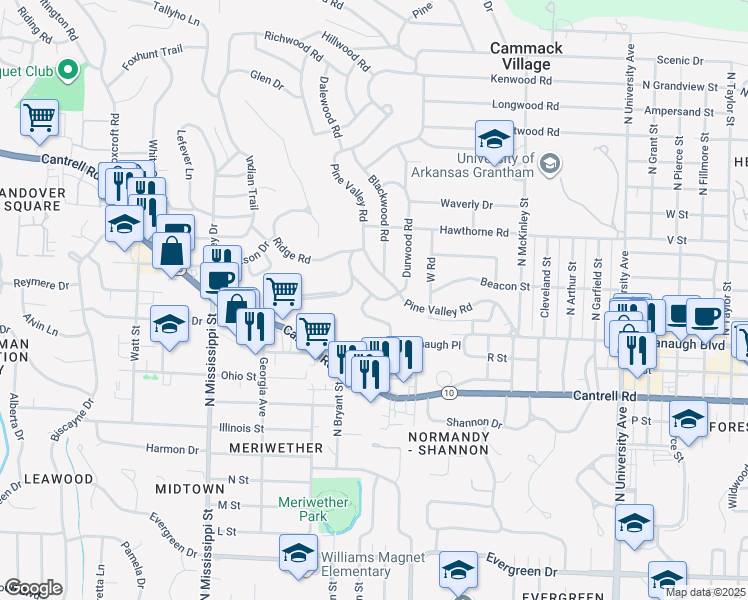 map of restaurants, bars, coffee shops, grocery stores, and more near 2104 Brownwood Road in Little Rock