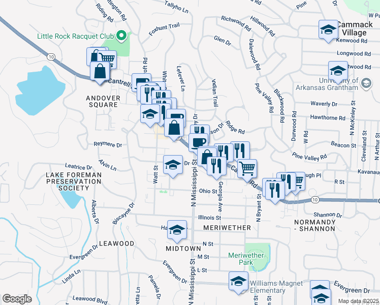map of restaurants, bars, coffee shops, grocery stores, and more near in Little Rock