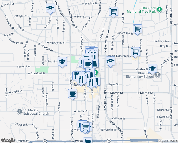 map of restaurants, bars, coffee shops, grocery stores, and more near 110 W Crawford St in Dalton