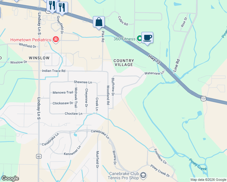 map of restaurants, bars, coffee shops, grocery stores, and more near Bluffview Drive in Athens