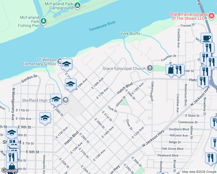 map of restaurants, bars, coffee shops, grocery stores, and more near 1698 East 33rd Street in Sheffield