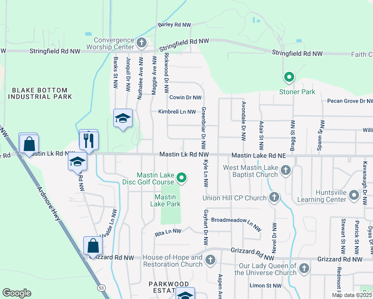 map of restaurants, bars, coffee shops, grocery stores, and more near 3501 Lucretia Avenue Northwest in Huntsville