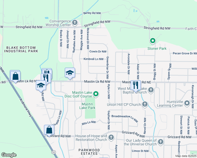 map of restaurants, bars, coffee shops, grocery stores, and more near 3501 Lucretia Avenue Northwest in Huntsville