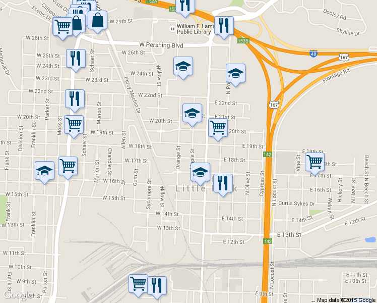 map of restaurants, bars, coffee shops, grocery stores, and more near 1800 Maple Street in North Little Rock