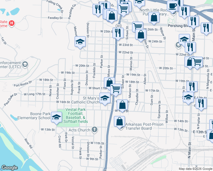 map of restaurants, bars, coffee shops, grocery stores, and more near 1725 Moss Street in North Little Rock