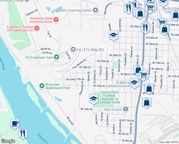 map of restaurants, bars, coffee shops, grocery stores, and more near 1902 West Short 17th Street in North Little Rock