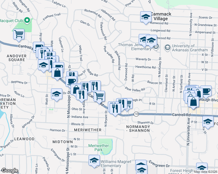 map of restaurants, bars, coffee shops, grocery stores, and more near 2104 Brownwood Road in Little Rock