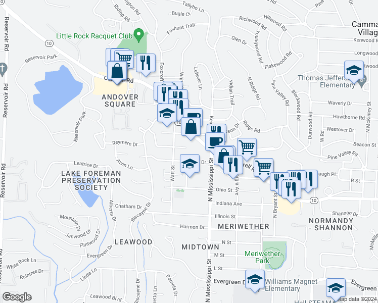 map of restaurants, bars, coffee shops, grocery stores, and more near 7626 Iowa Drive in Little Rock