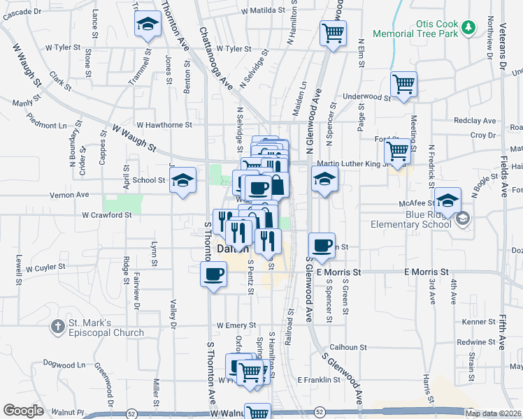 map of restaurants, bars, coffee shops, grocery stores, and more near 112 West Crawford Street in Dalton