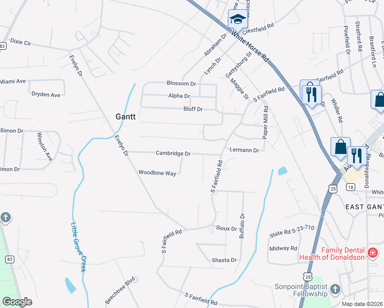 map of restaurants, bars, coffee shops, grocery stores, and more near 40 Cambridge Drive in Greenville