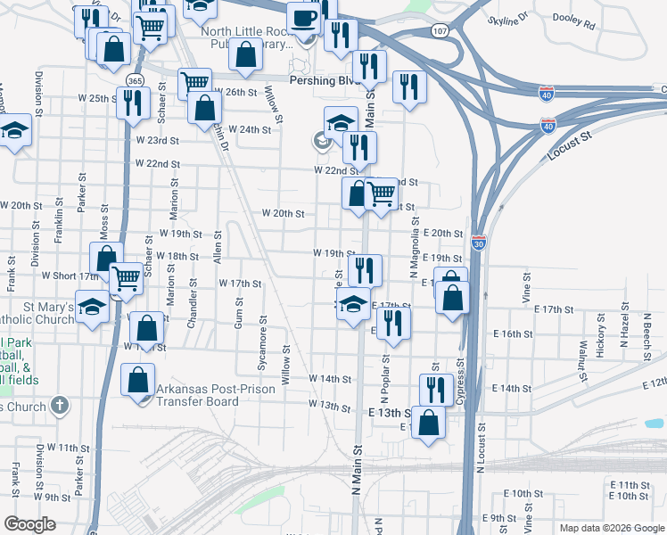 map of restaurants, bars, coffee shops, grocery stores, and more near 1800 Maple Street in North Little Rock
