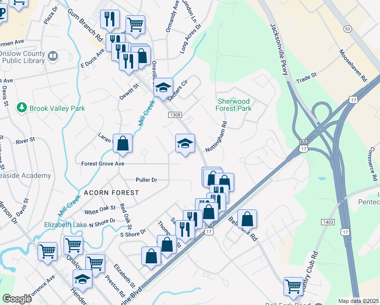 map of restaurants, bars, coffee shops, grocery stores, and more near 708 Bates Street in Jacksonville