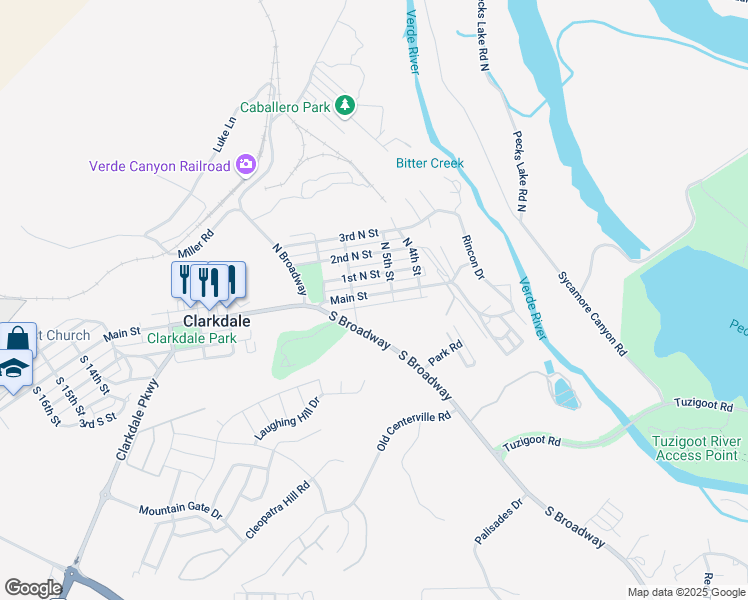 map of restaurants, bars, coffee shops, grocery stores, and more near 523 Main Street in Clarkdale