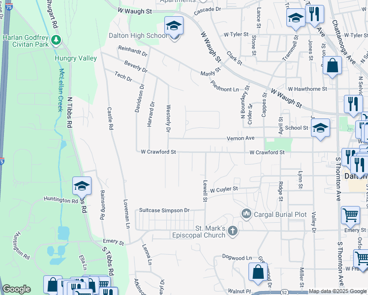 map of restaurants, bars, coffee shops, grocery stores, and more near 1207 West Crawford Street in Dalton
