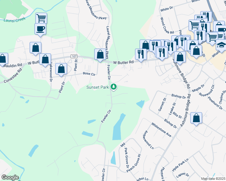 map of restaurants, bars, coffee shops, grocery stores, and more near 211 Fowler Circle in Greenville