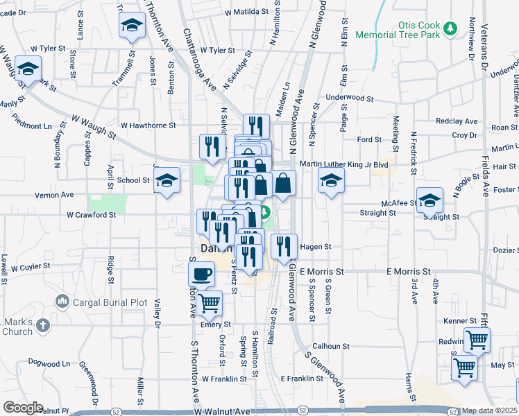 map of restaurants, bars, coffee shops, grocery stores, and more near 305 Depot Street in Dalton