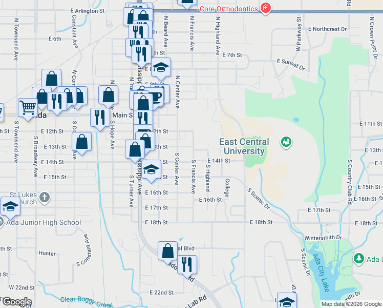 map of restaurants, bars, coffee shops, grocery stores, and more near 315 South Francis Avenue in Ada