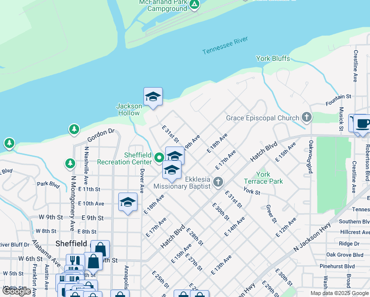 map of restaurants, bars, coffee shops, grocery stores, and more near East 19th Avenue in Sheffield