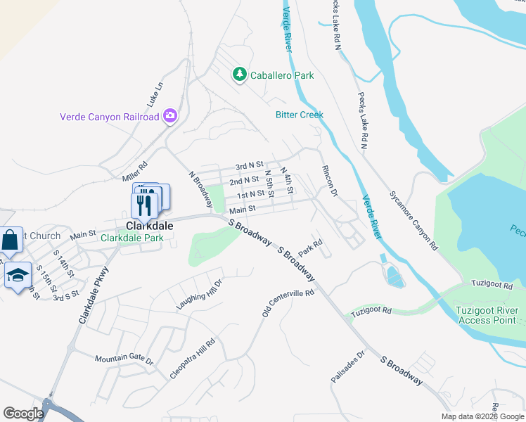 map of restaurants, bars, coffee shops, grocery stores, and more near 523 Main Street in Clarkdale