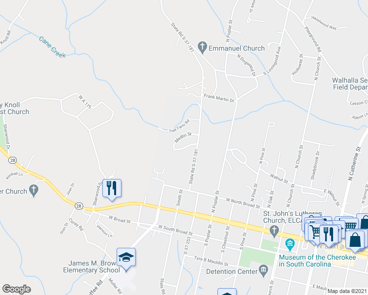 map of restaurants, bars, coffee shops, grocery stores, and more near 100 Walhalla Gardens Circle in Walhalla