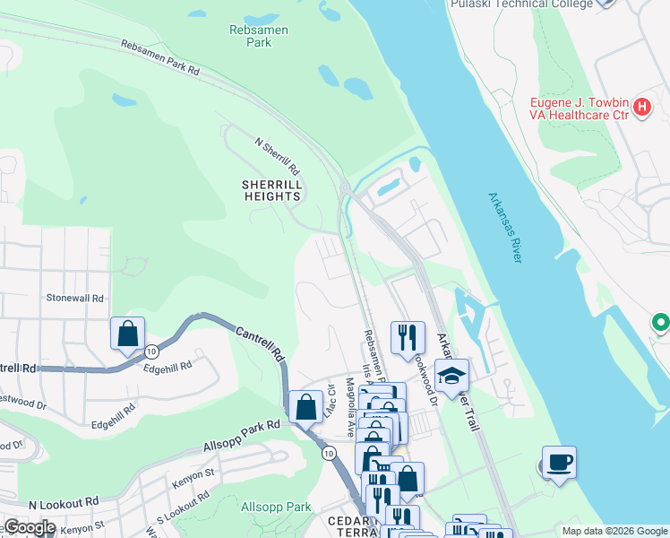 map of restaurants, bars, coffee shops, grocery stores, and more near 2300 Rebsamen Park Road in Little Rock