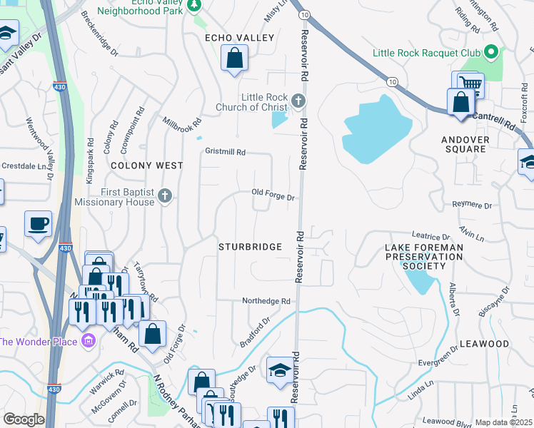 map of restaurants, bars, coffee shops, grocery stores, and more near 9 Old Forge Court in Little Rock