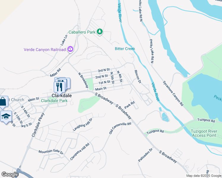 map of restaurants, bars, coffee shops, grocery stores, and more near 523 Main Street in Clarkdale