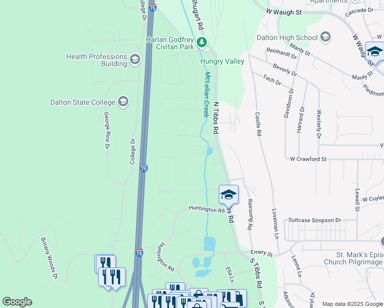 map of restaurants, bars, coffee shops, grocery stores, and more near 1802 Woodvalley Court in Dalton