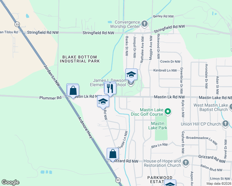 map of restaurants, bars, coffee shops, grocery stores, and more near 6006 Mastin Lake Road Northwest in Huntsville