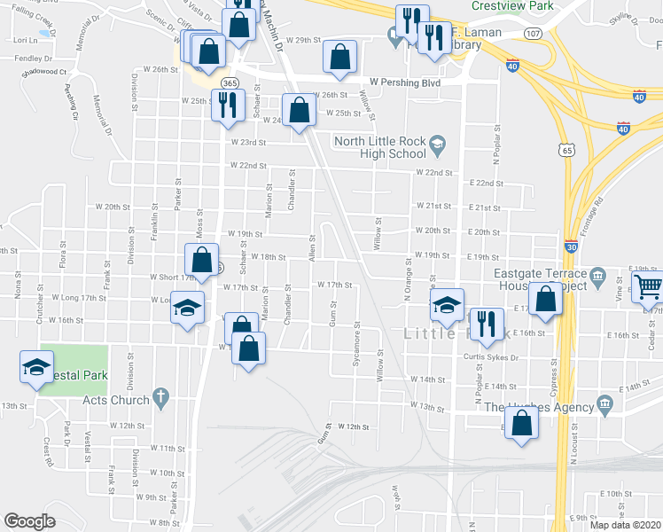 map of restaurants, bars, coffee shops, grocery stores, and more near 515 West 17th Street in North Little Rock