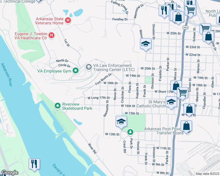 map of restaurants, bars, coffee shops, grocery stores, and more near 2012 West Short 17th Street in North Little Rock