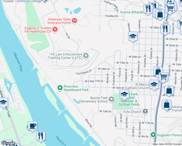 map of restaurants, bars, coffee shops, grocery stores, and more near 1718 Harold Street in North Little Rock