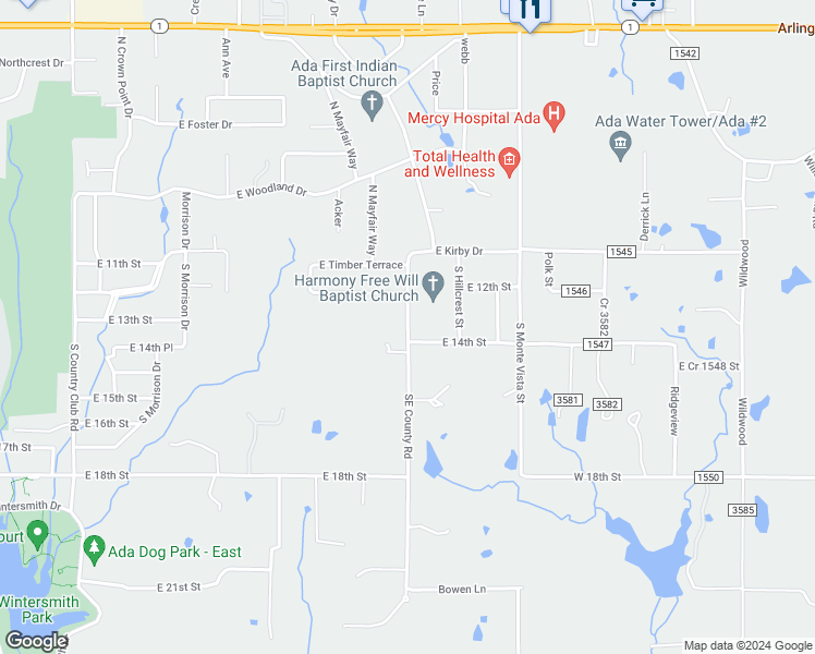 map of restaurants, bars, coffee shops, grocery stores, and more near 334 Southeast County Road in Ada