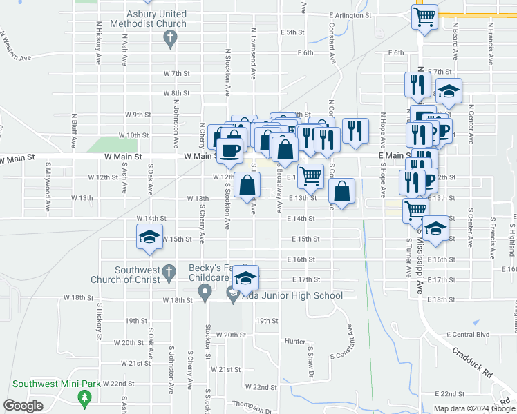 map of restaurants, bars, coffee shops, grocery stores, and more near 300 South Townsend Avenue in Ada
