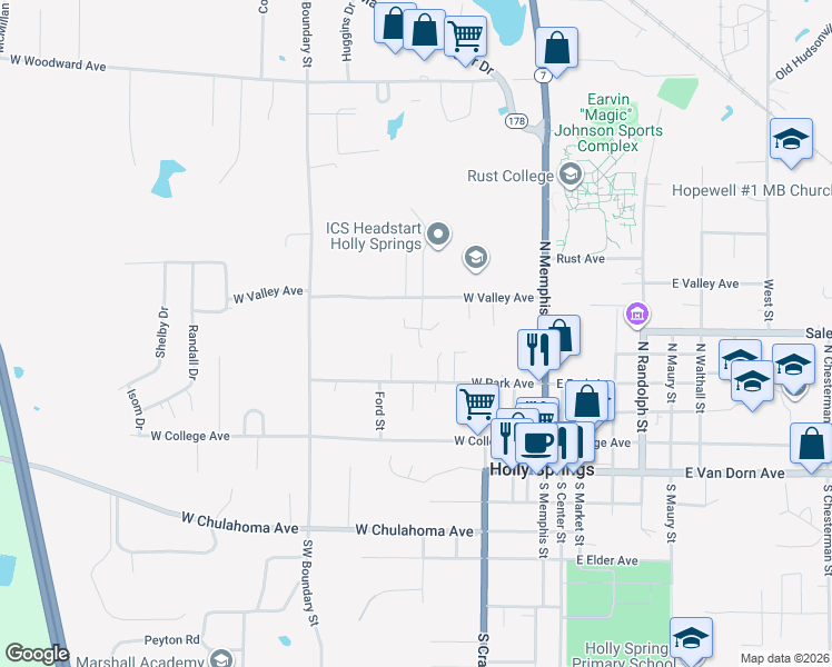 map of restaurants, bars, coffee shops, grocery stores, and more near 206 Robinson St in Holly Springs