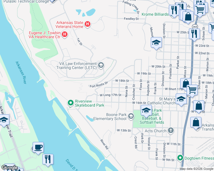 map of restaurants, bars, coffee shops, grocery stores, and more near 1718 Harold Street in North Little Rock